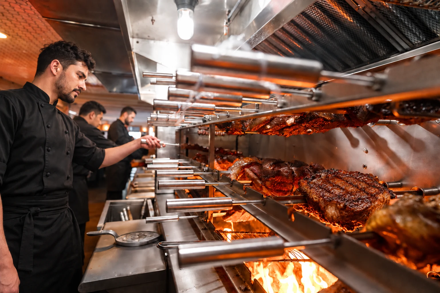 Chefs in black uniforms tending steaks over an open-fire churrasco grill