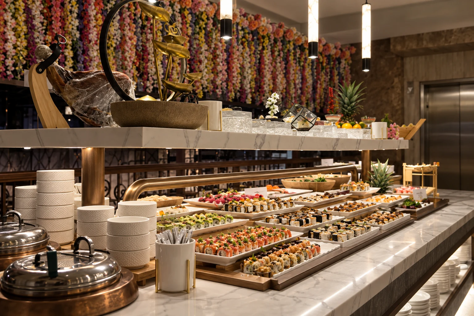 Photo-inspired view of Churasuko’s sushi buffet, marble counter, and floral backdrop