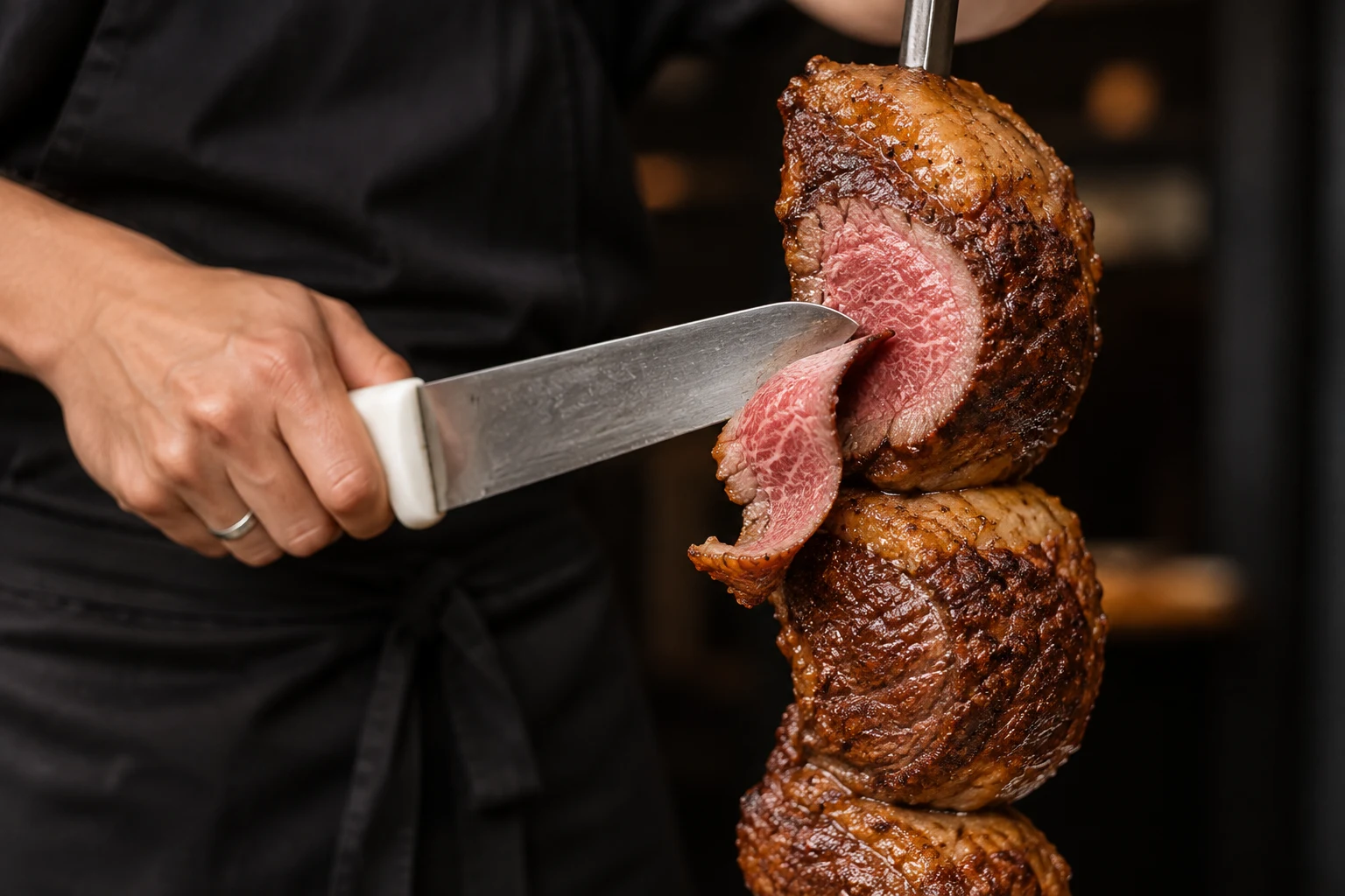 Photo-inspired view of marbled Wagyu being carved from a Brazilian barbecue skewer