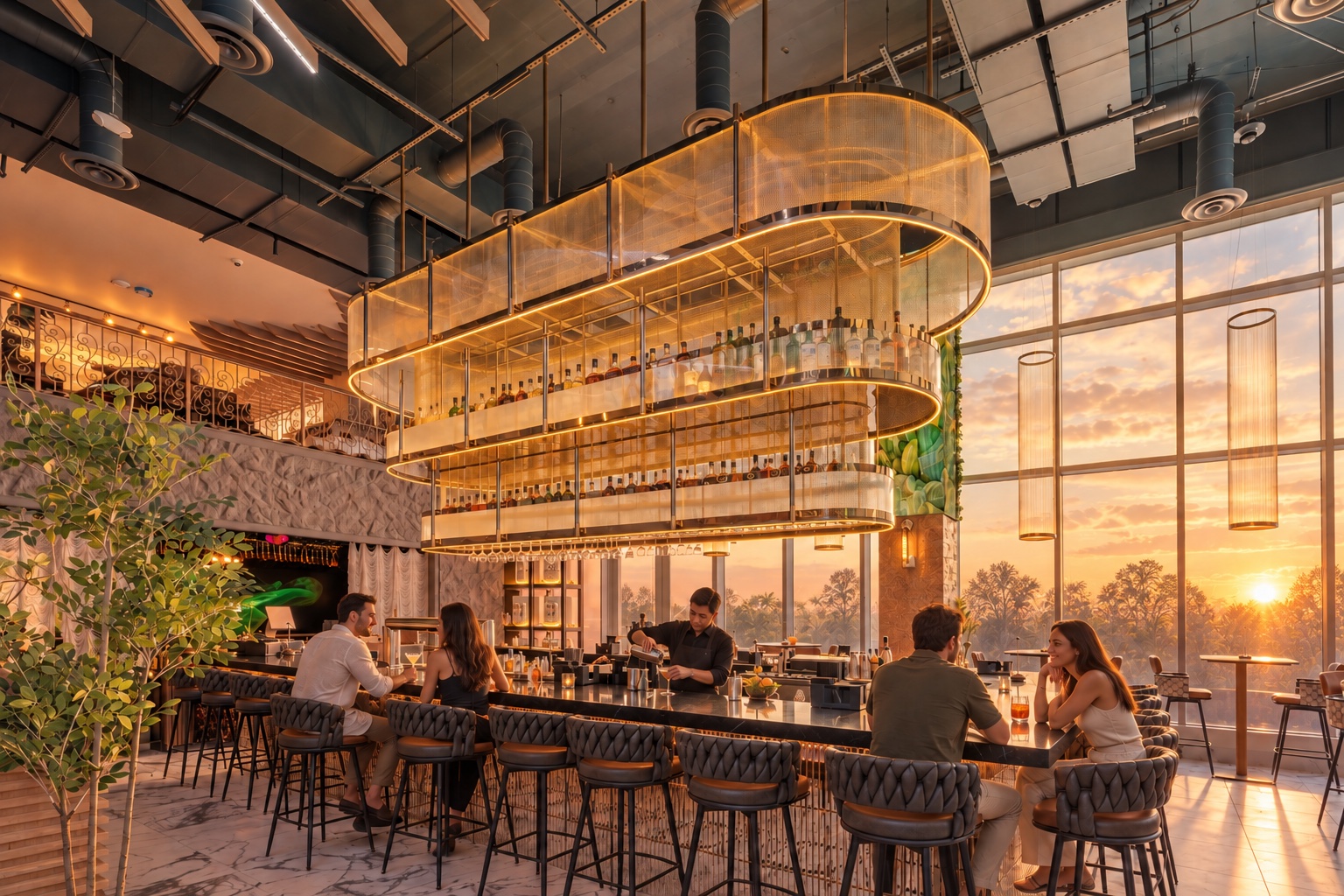 Sunset-inspired view of Churasuko’s bar, with a bartender preparing drinks and guests relaxing in golden light