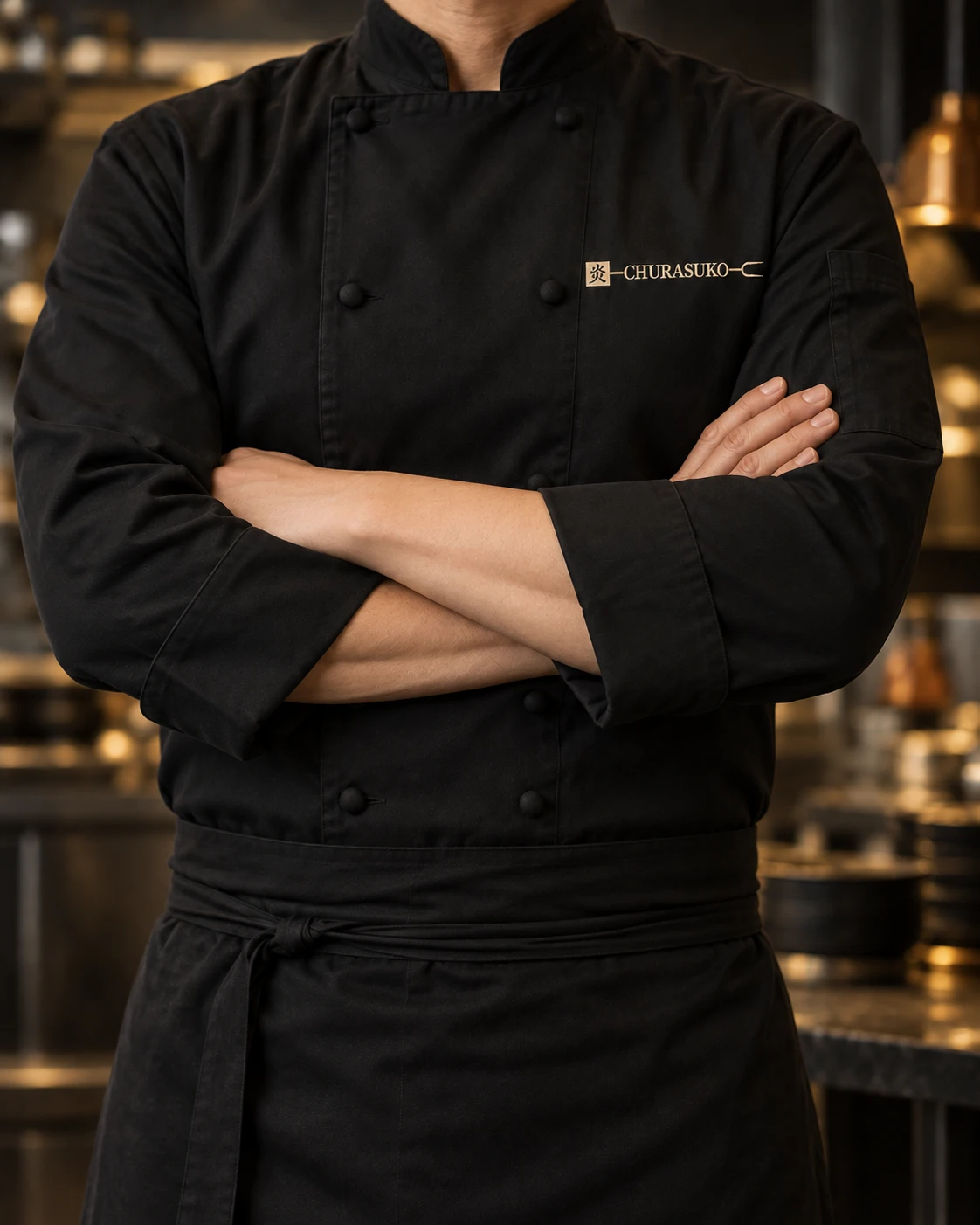 Anonymous executive master chef with arms crossed in a black Churasuko jacket, framed from the chest down